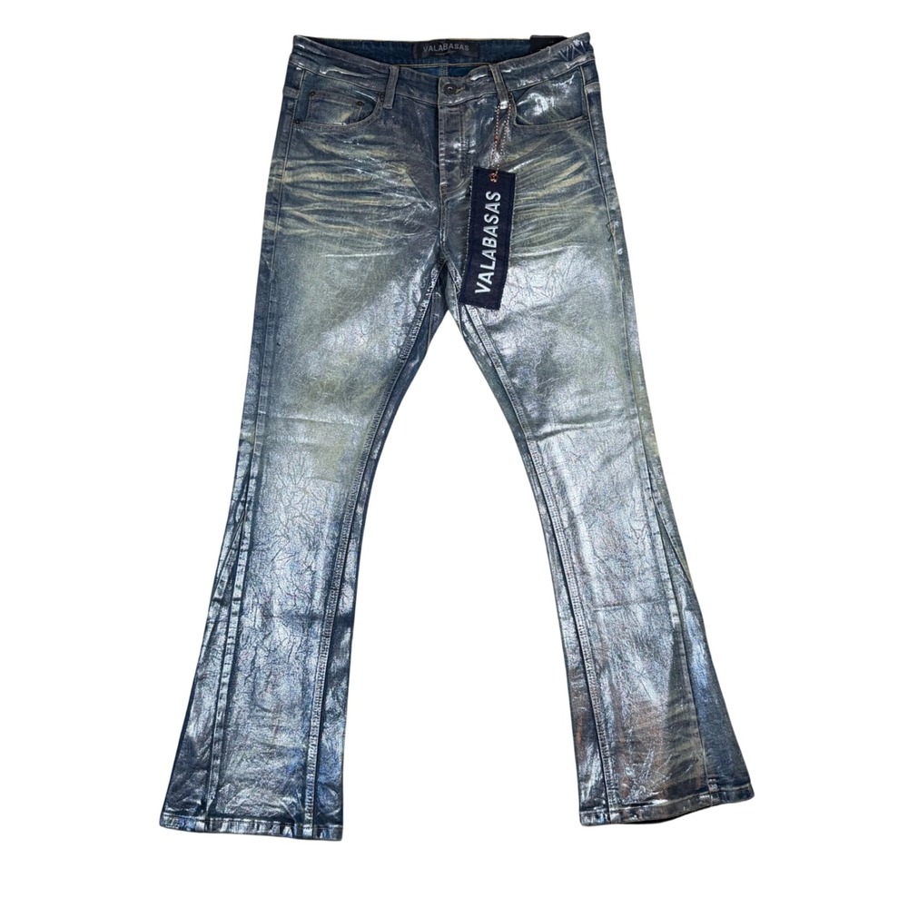 Valabasas Mens Silver Metallic Flare Jeans Blue Distressed Denim Size 34 NWT